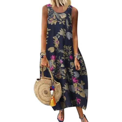 Plus size Women Tank Dresses Vintage Sleeveless O Neck Leaves Floral Printing Cotton Linen Long Baggy Dress