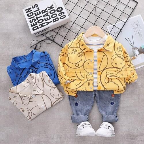 2021 new Baby boy clothing set three-piece printing spring and autumn childrens cartoon shirt jacket boy suit 1-5 years old