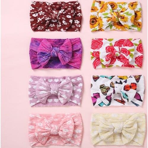 24pc/lot New Floral Prints Bows Wide Nylon Baby Turban Head wraps,Ribbed Cable Knit Bows Nylon Headbands for Kids Girls Headwear