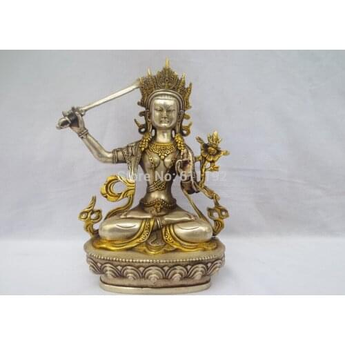 Antique Home decoration Tibet silver gilt Kuan Yin Buddha sculpture, Exorcism statue Metal crafts