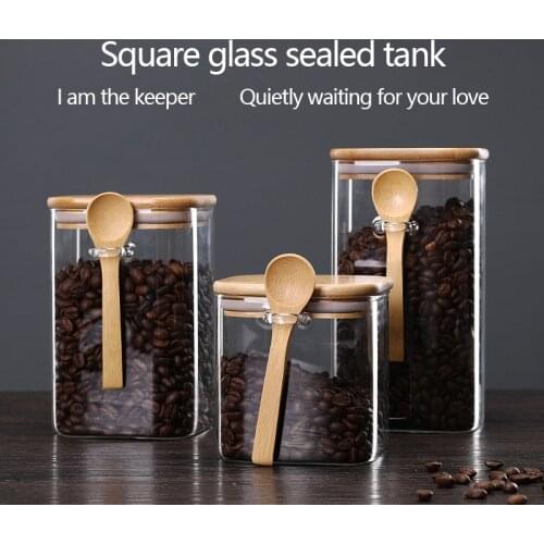 Storage jar Sealed Jar household clear glass storage jar food tea dried fruit coffee beans square with spoon