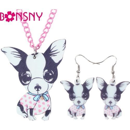 Bonsny Brand Acrylic Statement Chihuahuas Dog Necklace Earrings Jewelry Sets Choker Collar Fashion Jewelry For Women Girl Child