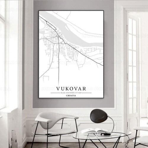 Black and White City Map Croatia Vukovar Map Poster HD Print Wall Art Canvas Painting Nordic landscape Picture Living Room