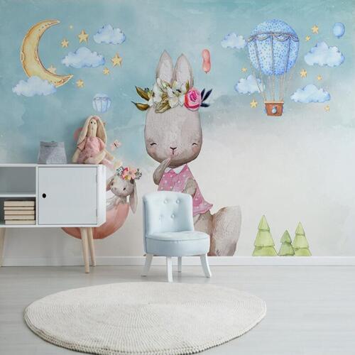 Decorative wallpaper series Nordic simple hand - drawn cartoon rabbit balloon childrens room background wall
