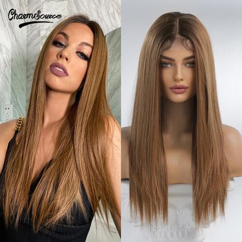 CharmSource Long Straight Wig Dark Brown Lace Part Synthetic Wigs for Black White Women Daily Cosplay Hair High Density Soft Wig