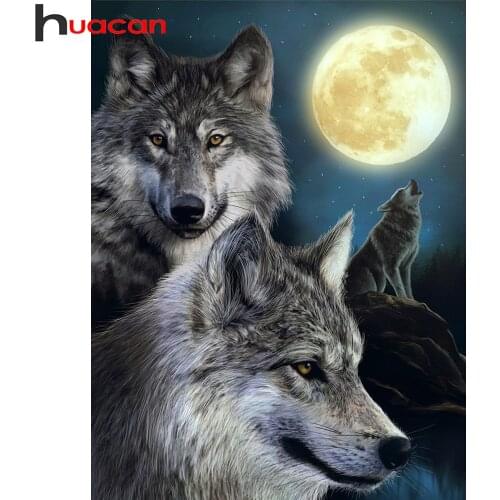 Huacan Diamond Painting New Arrival Wolf Moon Wall Stickers Mosaic Embroidery Animal Night Crystal Gift
