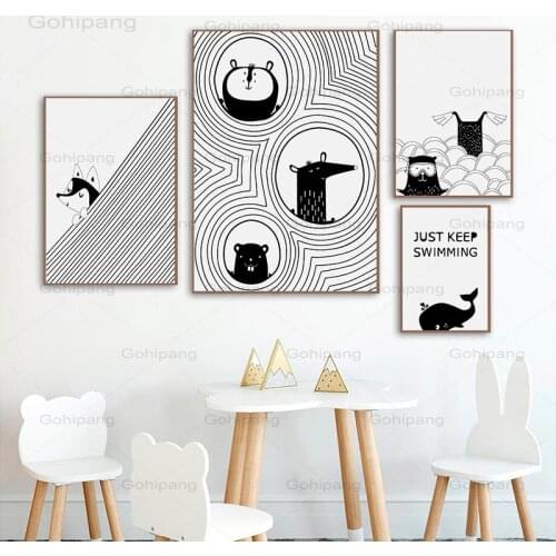 Canvas Painting Cartoon Black White Animal Wall Art Pictures Minimalist Art Posters Nordic Decoration for Living Room Home Decor