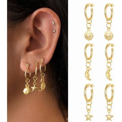 ISUEVA Korean Style 18K Gold Filled Classic Sun Moon Star Dangle Hoop Earrings For Women Fashion Jewelry Wholesale