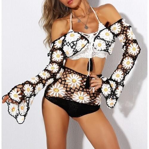 Crochet High Leg Bandeau Bikini Set Swimwear Female Three Pieces Swimsuit High Waist Bikini Women Bathing Suit Biquini