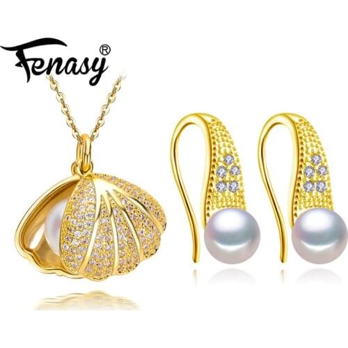 FENASY 925 sterling silver jewelry sets natural Pearl pendant shell necklace fashion Korean gold color earrings