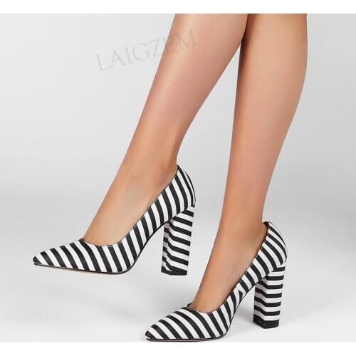 LAIGZEM Women Pumps Faux Leather Stripe Sandals Black White Chunky Thick Heels Party Ladies Shoes Woman Big Size 39 41 42 43