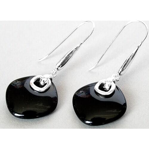 FASHION 925 SILVER NATURAL BLACK Natural jade EARRINGS 14/5"