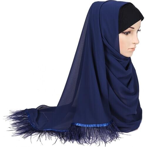 Fashion muslim Feather decoration hijab scarf soild color bubble chiffon headscarf turban islamic clothing Malaysia hijabs shawl