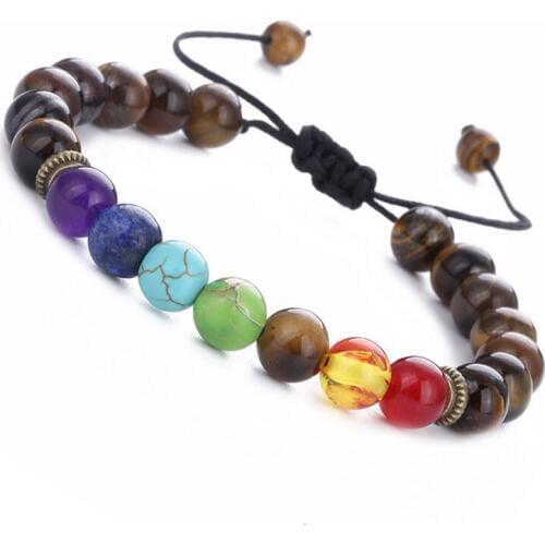 Fashion Style 7 Chakra Healing Beaded 8mm Stone Bracelet Natural Tigereye Lava Lapis lazuli Adjustable Yoga Bracelet Jewelry