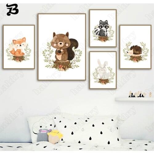 Cartoon Canvas Poster Animal Nursery Wall Art Canvas Painting Posters and Prints Bear Fox Wall Pictures for Baby Kids Room Decor