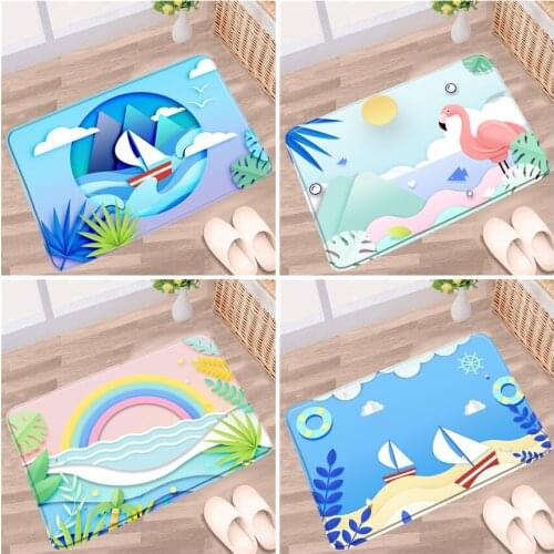 Cartoon Bath Mat Summer Beach Flamingo Sailing Leaf Child Illustration Non-slip Rugs Home Decor Bathroom Kitchen Entrance Carpet
