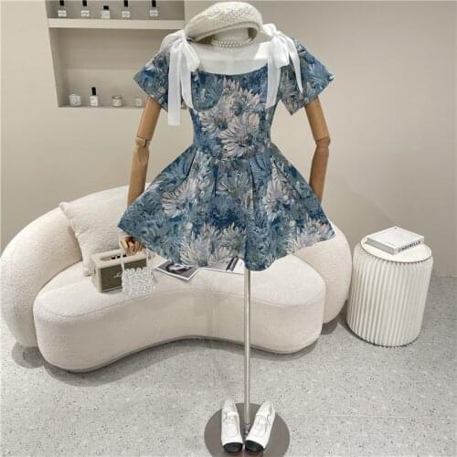 New Womens Clothing Summer 2021 Fashion Retro temperament floral puffy suspender Sling Dress