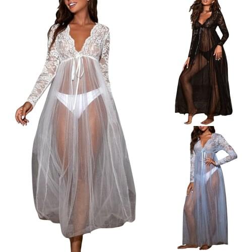 Hirigin New Women Sexy Adult Night Skirt Lace Stitching Sheer V-Neck Long Sleeve Long Dress Transparent Lingerie for Girls