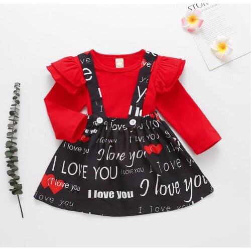 2021 New Valentines Day Infant Outfits Baby Girl Fly Sleeve Round Neck Pullover + Letter Print Suspender Skirt 2 Piece Set
