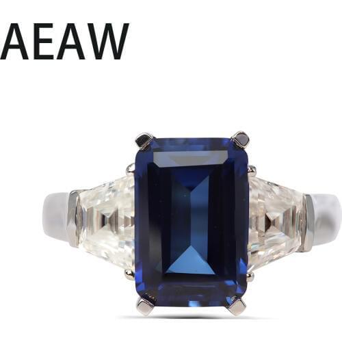 Solid 18K White Gold 4.25ct Emerald Cut 7x12mm Lab Created Sapphire Engagement Side With 1.61ctw White Moissanite Ring For Women