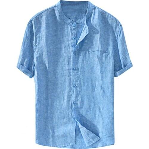 Men Shirt Summer Casual Solid Color Stand Collar Summer Loose Single-breasted Top Loose Stand Collar Short Sleeve Shirt Men