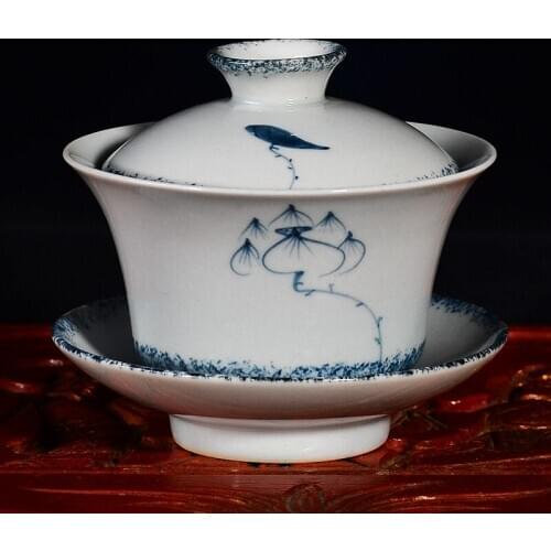Hand-painted retro gaiwan blue and white porcelain tea cover Jingdezhen ceramic Sancai tea bowl ancient teacup