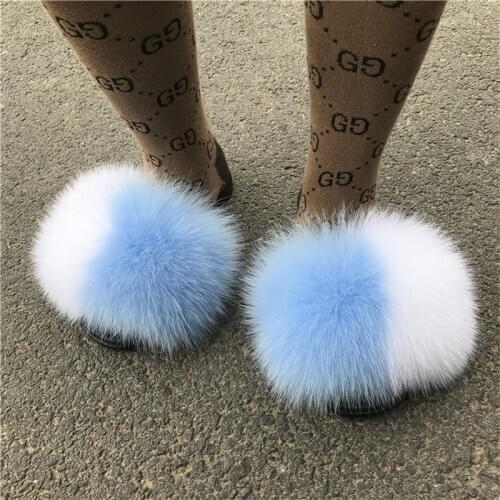 Women Real Fox Fur Slippers Summer Fluffy Raccoon Fur Flip Flops Ladies Home Plush Slides Outdoor Sandals Female Amazing Shoes