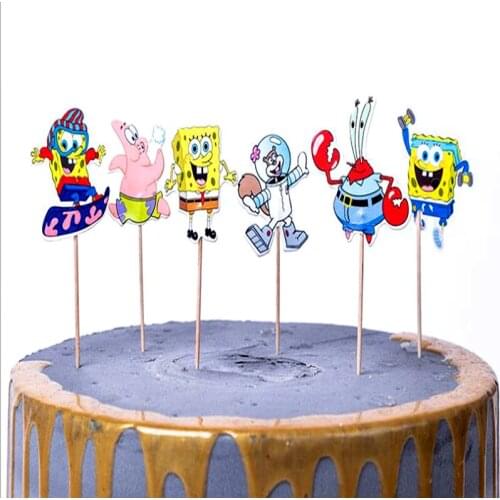 Spongebob0 Theme 24pcs/lot Happy Birthday Party Boys Kids Favors Cake Picks Decoration Cupcake Toppers Baby Shower Supplies