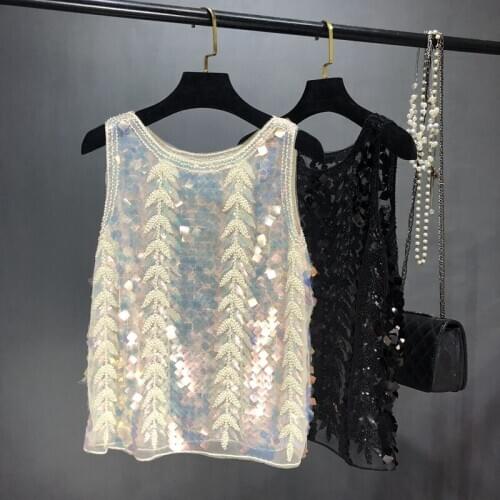 High-End Chiffon Beaded Sleeveless Women Tank Loose Sequins Embroidery Shiny Sexy Camisole Summer Top Black Apricot Female