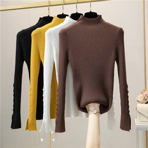 Knitting Mock Neck Vintage Sweater Solid Black Jumper Tops Long Sleeve Pullover Female Clothing England Yellow Blouse Underwear
