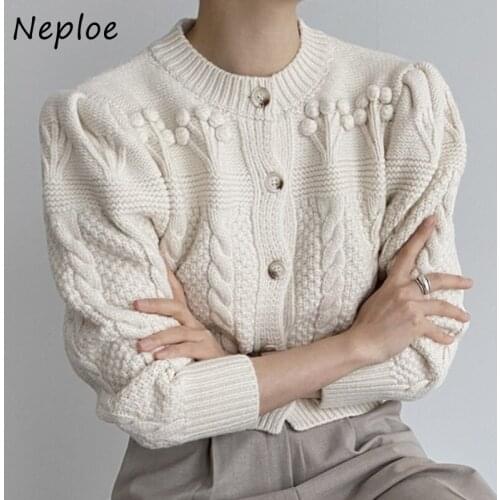 Neploe Vintage O-neck Single-breasted Knitted Cardigan Woman Ball Hemp Pattern Knit Top Autumn Long-sleeve Sweater Jacket Female