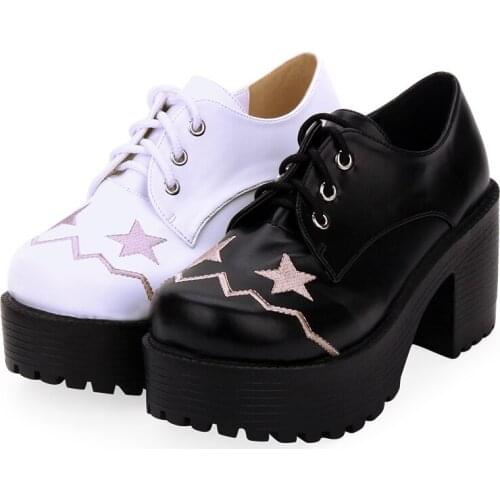 Japan Harajuku School Girl Thick Platform Lace-up Oxfords Lolita Shoes with Embroidered Stars