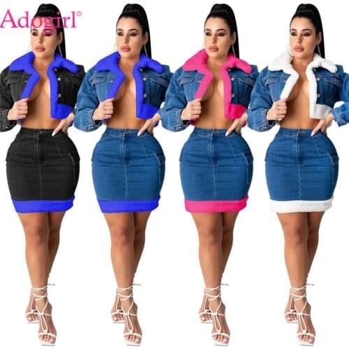 Adogirl Fuax Fur Patchwork Women Jeans Two Piece Set Dress Turn Down Collar Long Sleeve Short Jacket Pockets Mini Skirt Suit