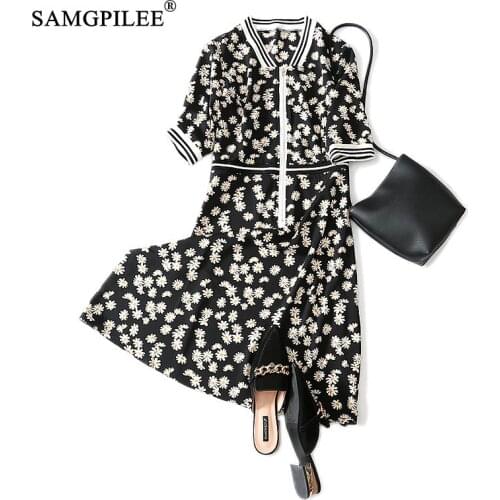 Women Summer Casual Dresses A-line Print Flower Half Sleeve Knee-length Empire Stand Collar Korean Style Fashion Woman Dress 4XL