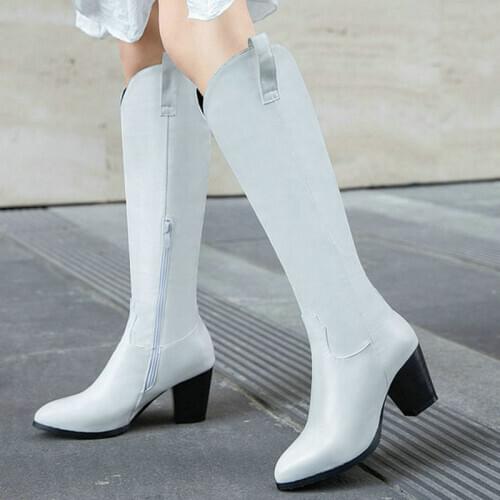 Women Western Boots Square Heel PU Leather Women Knee High Boots 2020 Autumn Winter Shoes Fashion Pointed Toe Boots Black White