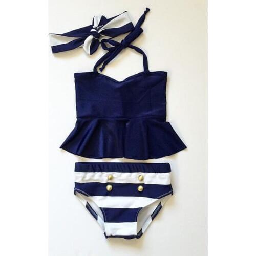 Hot Sale Summer Kids Baby Girl Sleeveless Halter Navy Stripe 3pcs Swimsuit Swimwear Bathing Suit Age 2-7T