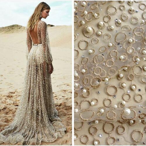 La Belleza one yard gold metallic stones pearls heavy embroidered wedding dress/evening/show dress lace fabric 51'' widht