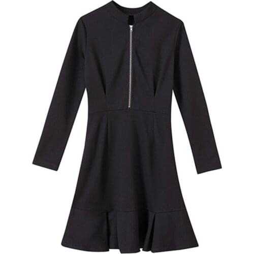 Zipper O Neck Dress Ladies Long Sleeve Ruffled Evening Party Ladies Black Vestidos