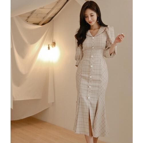 Fashion women new arrival elegant ruffles cute formal dress vintage party sexy slim plaid fresh cute lovely trumpet dress