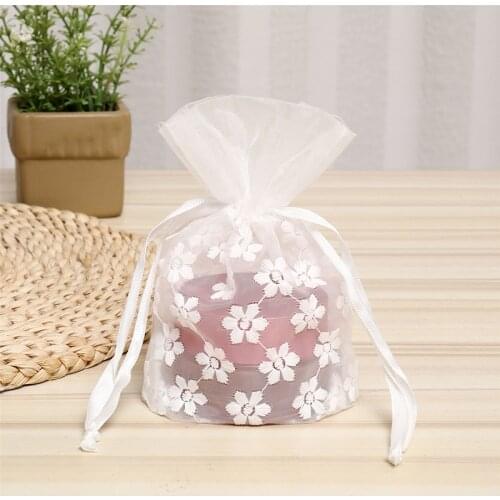 10x14cm White Flower Embroidery Drawstring Pocket Transparent Organza Collection Pocket Jewelry Storage Bag Wedding Candy Bag