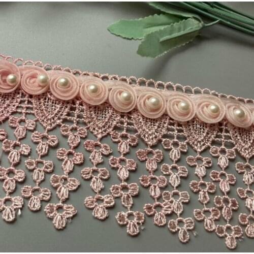 3 Yard Pink Pearl Tassel Plum Flowers Pearl Lace Trimmings Ribbons Beaded Lace Fabric Embroidered Sewing Wedding Dress DIY 8cm