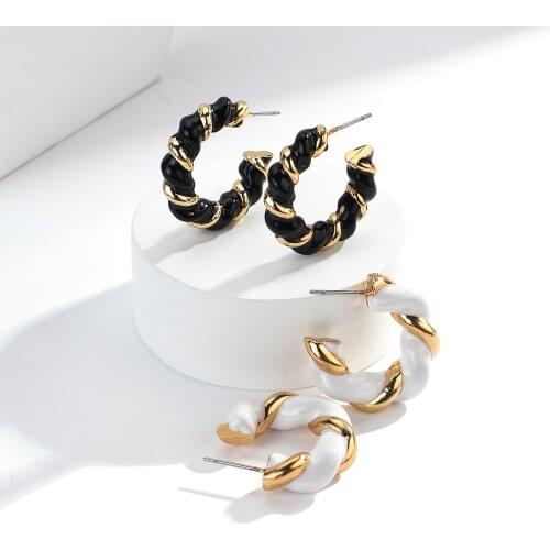 AENSOA Ceramic Twisted Weave C-Type Earrings for Women 2021 Trendy Black White Geometric Hoop Earring Party Statement Jewelry