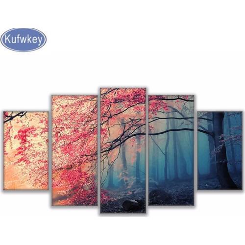 Diamond Embroidery Wall Art 5d diy diamond painting Cherry Blossoms Pictures,Red Trees Forest Painting For Living Room 5 Pieces
