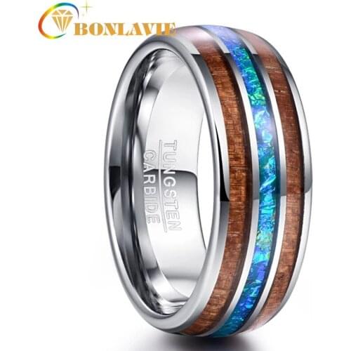 BONLAVIE 6mm Classic Hawaiian Koa Wood Colorful Opal Tungsten Carbide Ring Jewelry Dome Polished Mens Wedding Bands Rings