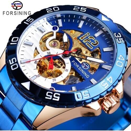 Forsining Mens Wristwatch Mechanical Automatic Waterproof Man Clock Blue Stainless Steel Fashion Luminous Hands Skeleton Watches