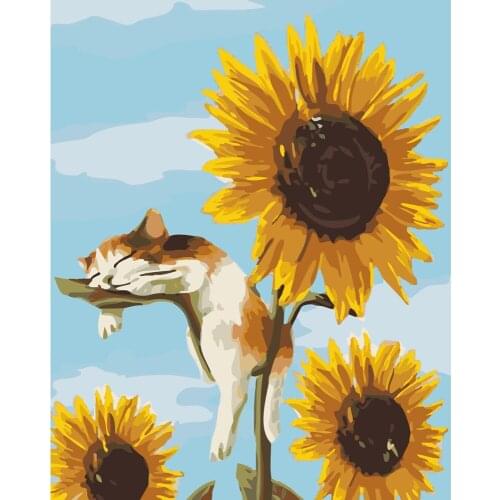 40x50cm Painting By Numbers Kits Cat Sleep on Sunflower Oil Picture By Number HandPainted Unique Gift 40x50cm Frame Home Decor