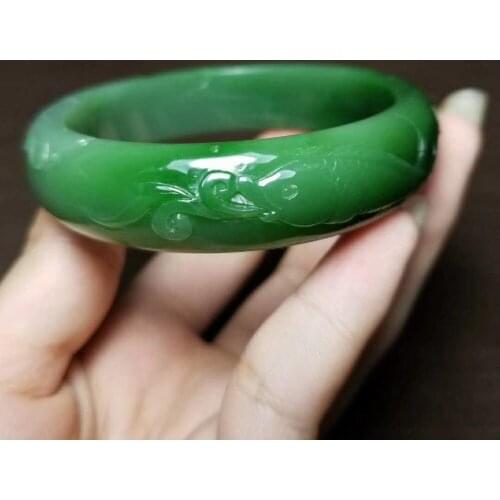 J01#Russian material Hetian jade white plus green jasper carved bracelet