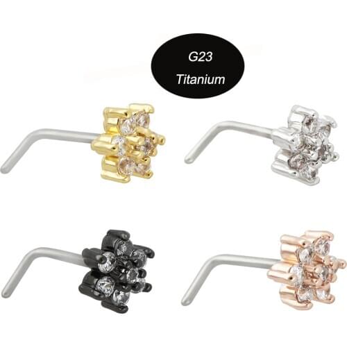 4PCS/1PC New Fashion L Shaped Nose Studs G23 Titanium Flower Cubic Zirconia 20G Nostril Bone Screw Indian Nose Ring Piercing