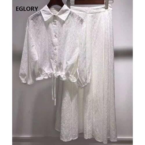 2021 Spring Summer Fashion Skirt Suits Women Drawstring Waist Long Sleeve White Tops Shirt+Hollow Out Embroidery Long Skirt Sets