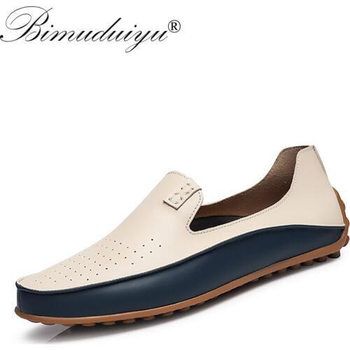 BIMUDUIYU Brand Summer Causal Shoes Men Loafers Breathable Holes Flat Shoes High Quality Leather Moccasins Driving Shoes